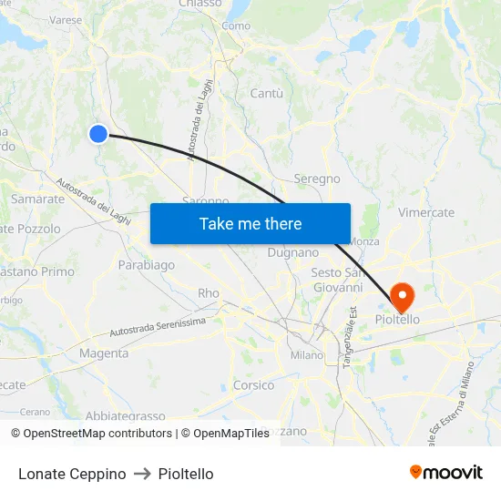 Lonate Ceppino to Pioltello map