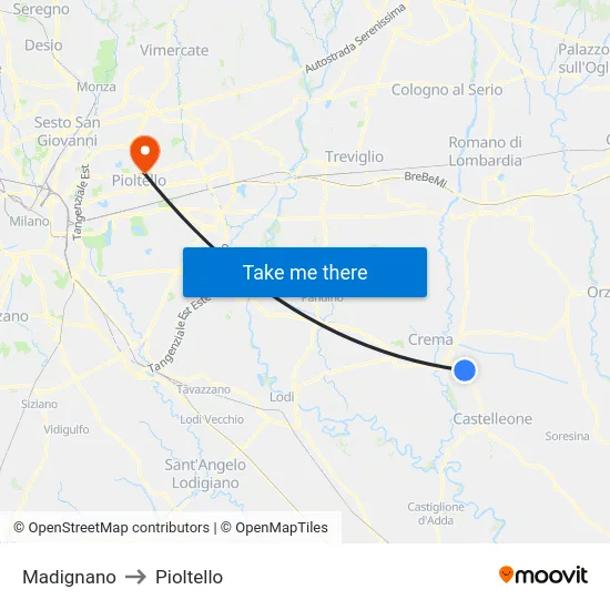 Madignano to Pioltello map