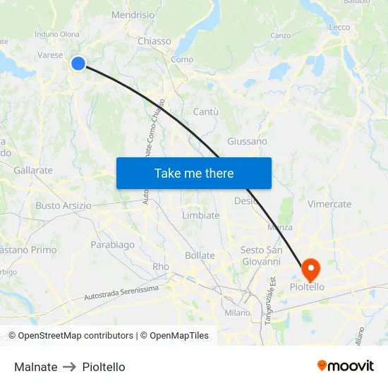 Malnate to Pioltello map