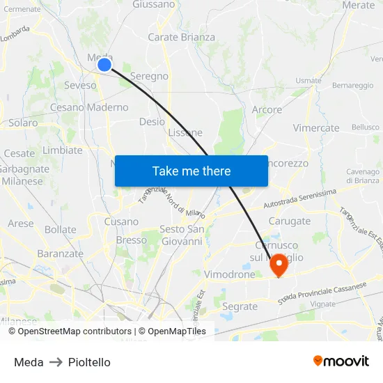Meda to Pioltello map
