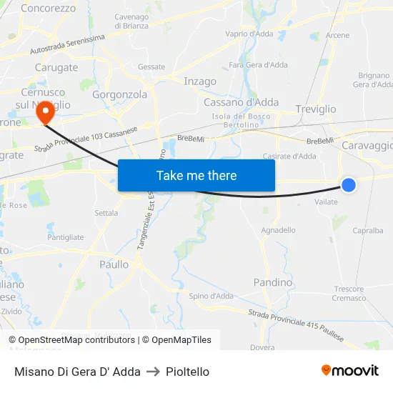 Misano di Gera d'Adda to Pioltello map