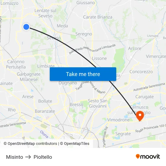 Misinto to Pioltello map