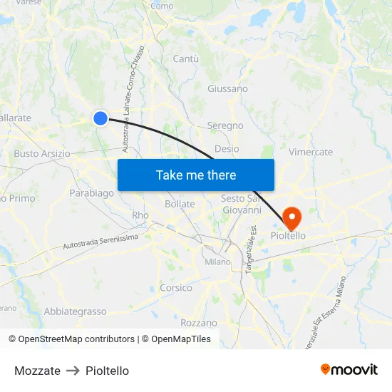 Mozzate to Pioltello map
