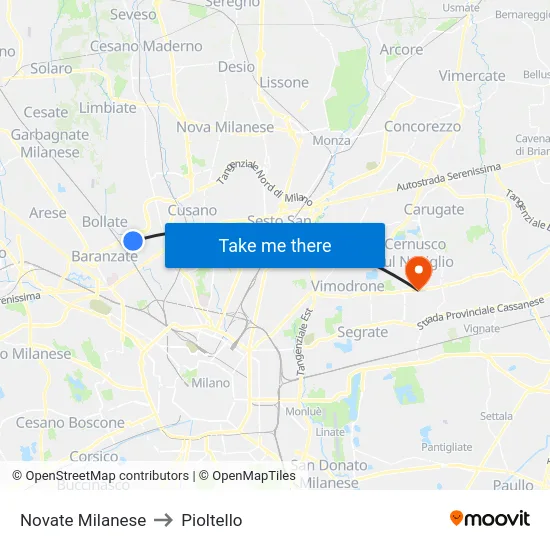 Novate Milanese to Pioltello map