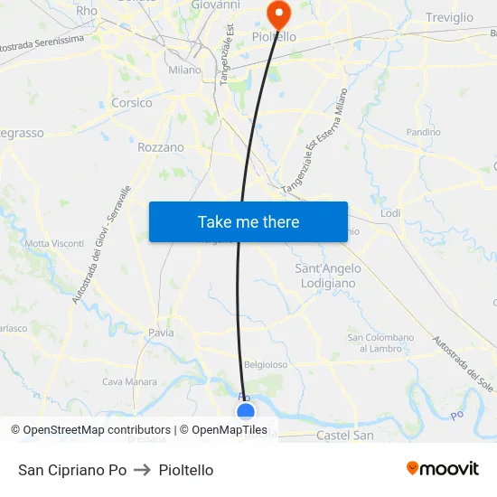 San Cipriano Po to Pioltello map