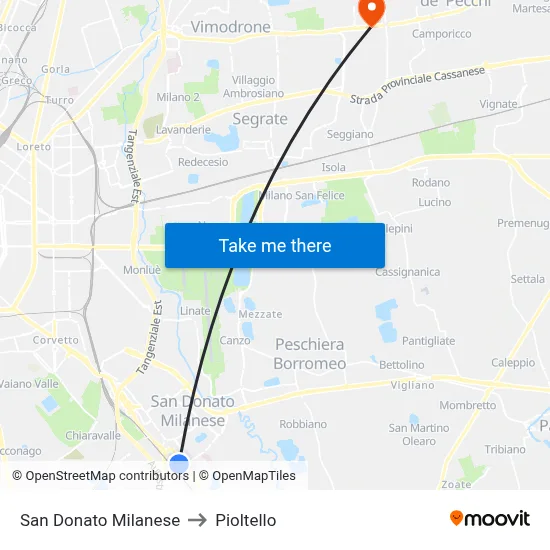 San Donato Milanese to Pioltello map