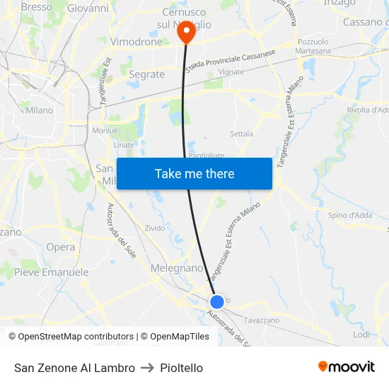 San Zenone Al Lambro to Pioltello map