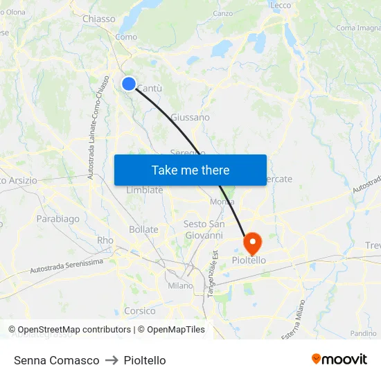 Senna Comasco to Pioltello map