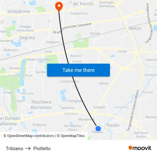 Tribiano to Pioltello map
