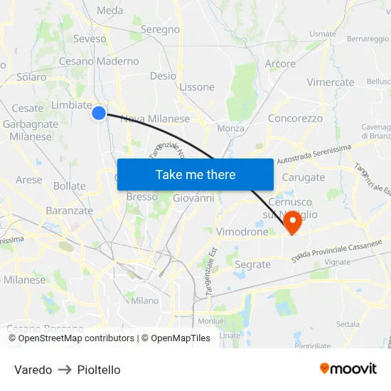 Varedo to Pioltello map