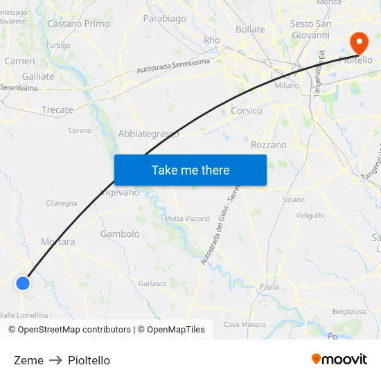 Zeme to Pioltello map