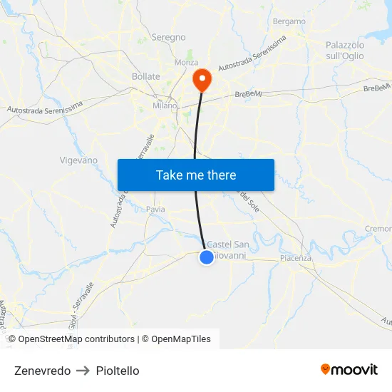 Zenevredo to Pioltello map