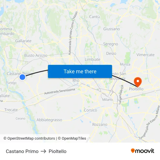 Castano Primo to Pioltello map