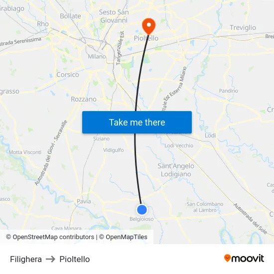 Filighera to Pioltello map