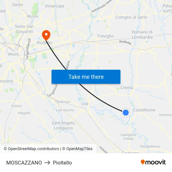 Moscazzano to Pioltello map