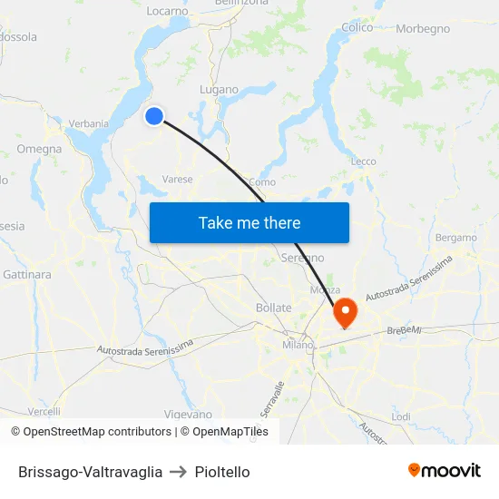 Brissago-Valtravaglia to Pioltello map