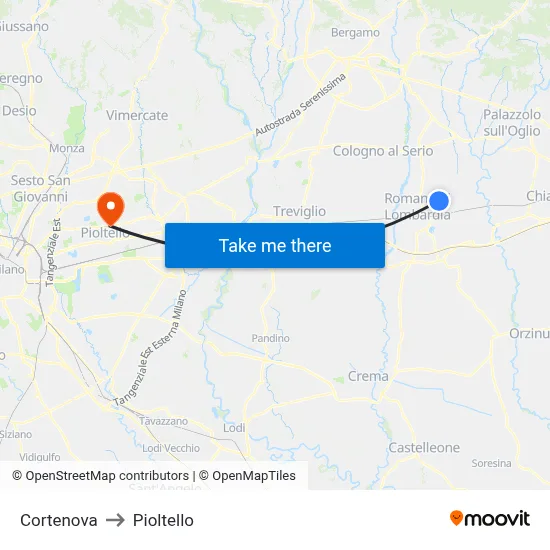 Cortenova to Pioltello map