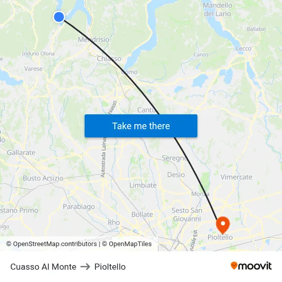 Cuasso Al Monte to Pioltello map
