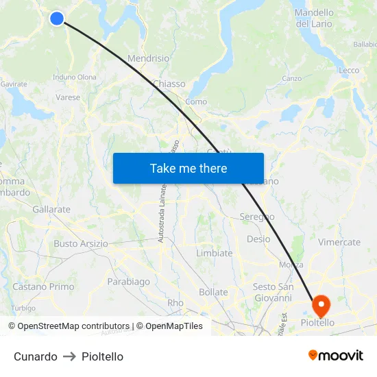Cunardo to Pioltello map