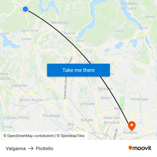 Valganna to Pioltello map