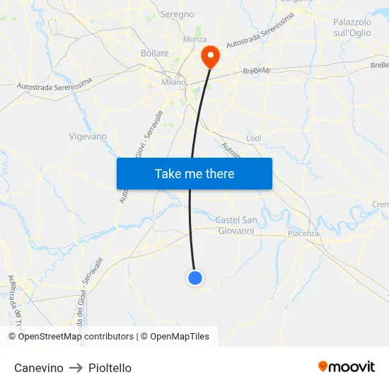 Canevino to Pioltello map