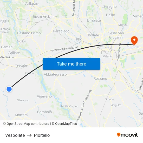 Vespolate to Pioltello map