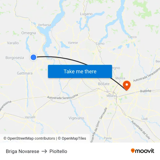 Briga Novarese to Pioltello map