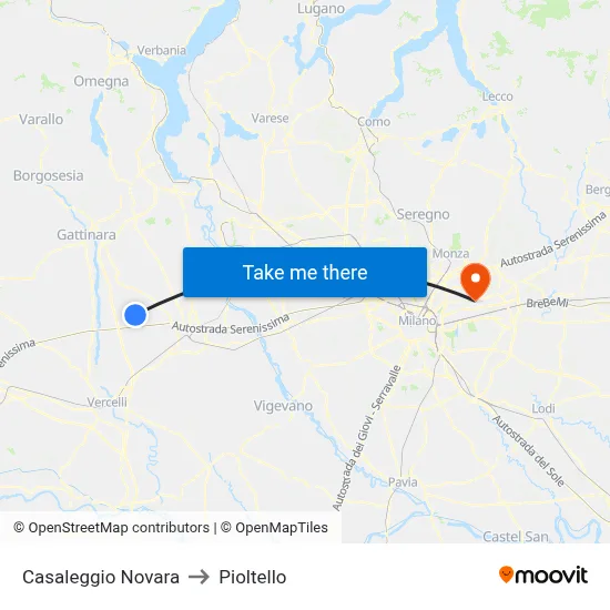 Casaleggio Novara to Pioltello map