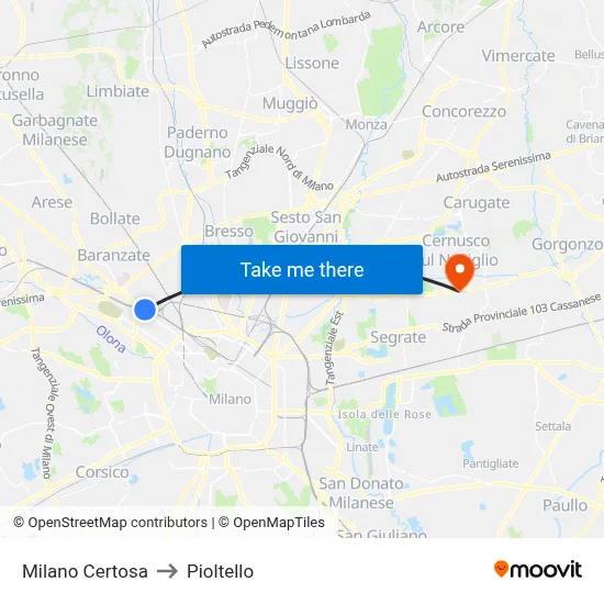 Milano Certosa to Pioltello map