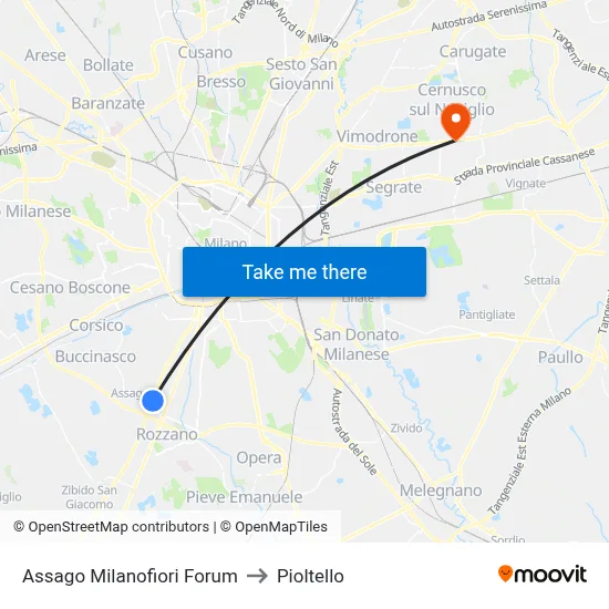 Assago Milanofiori Forum to Pioltello map