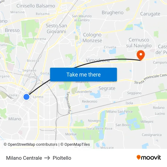 Milano Centrale to Pioltello map