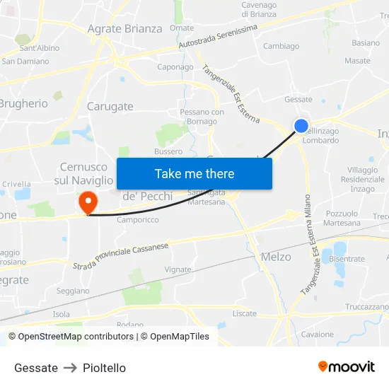 Gessate to Pioltello map
