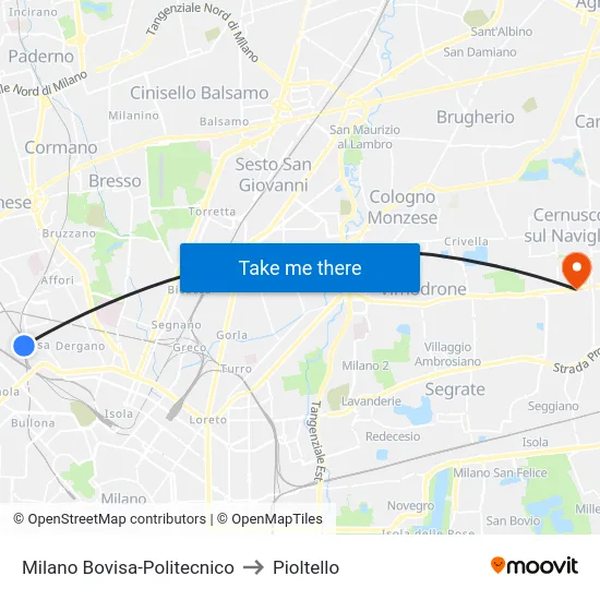 Milano Bovisa-Politecnico to Pioltello map