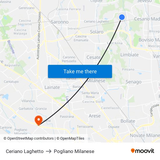 Ceriano Laghetto to Pogliano Milanese map