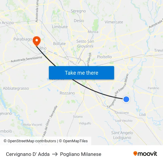 Cervignano D' Adda to Pogliano Milanese map