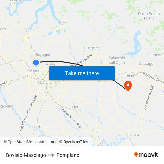 Bovisio-Masciago to Pompiano map