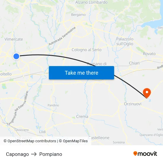 Caponago to Pompiano map