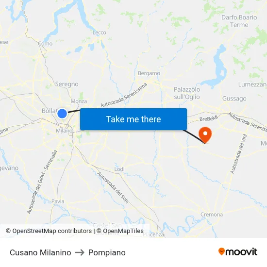 Cusano Milanino to Pompiano map