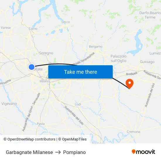 Garbagnate Milanese to Pompiano map