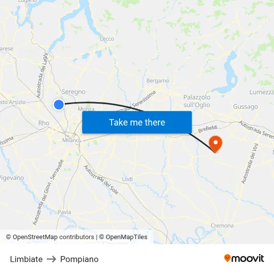 Limbiate to Pompiano map