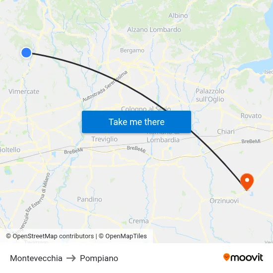 Montevecchia to Pompiano map