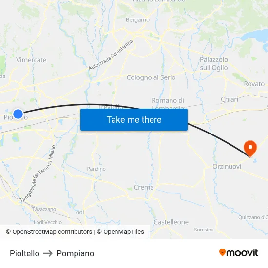Pioltello to Pompiano map