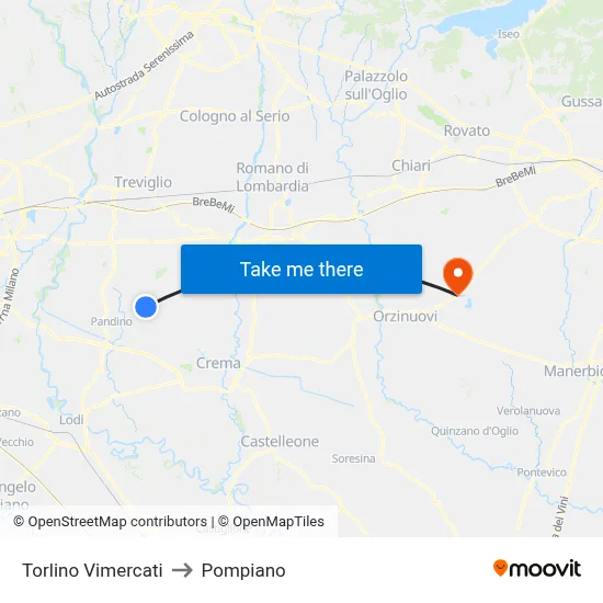 Torlino Vimercati to Pompiano map