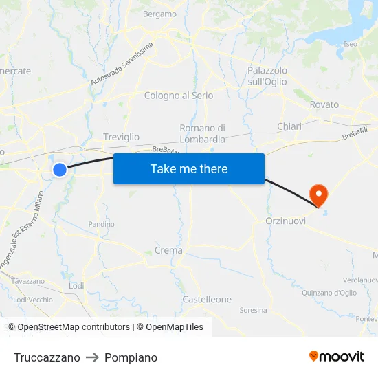 Truccazzano to Pompiano map