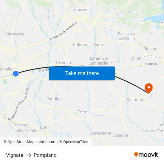 Vignate to Pompiano map