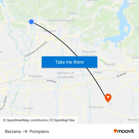 Barzana to Pompiano map