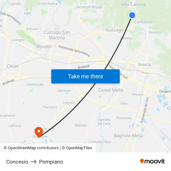 Concesio to Pompiano map