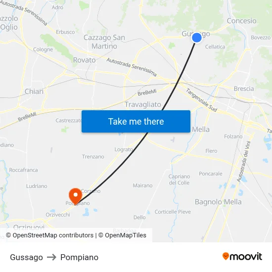Gussago to Pompiano map
