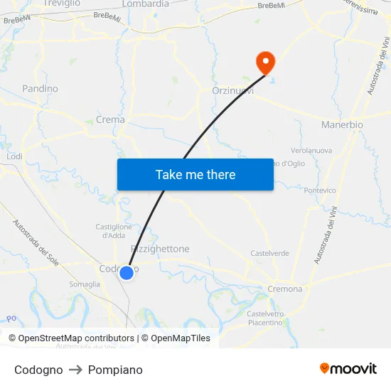Codogno to Pompiano map