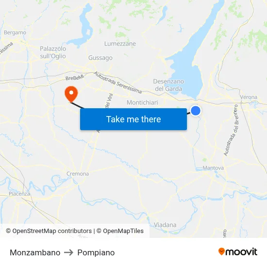 Monzambano to Pompiano map